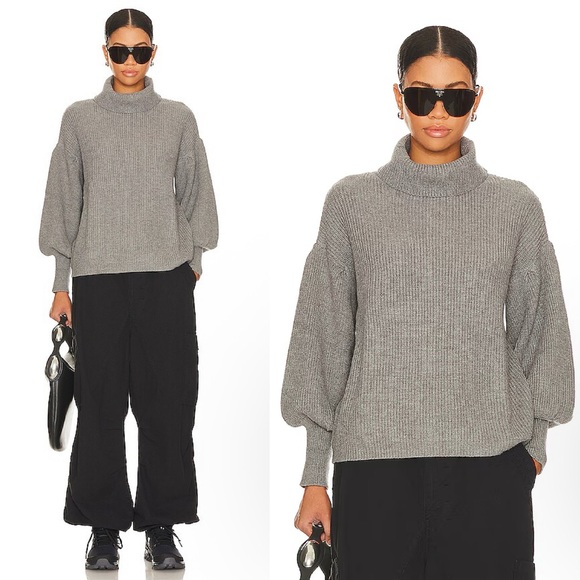 Superdown Frankie Knit Sweater Grey Turtleneck Balloon Sleeve Pullover - Picture 1 of 10